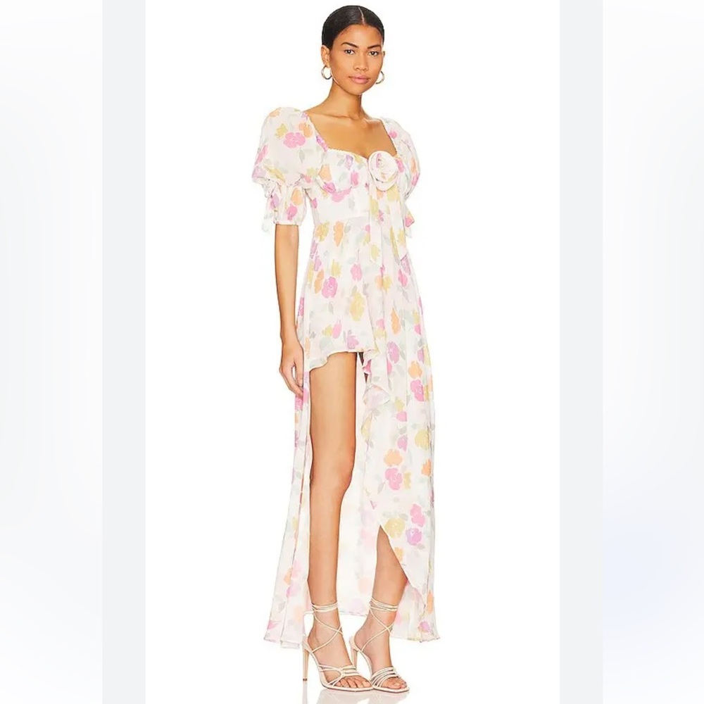 For love & lemons petal midi dress puff sleeves pastel hi low chiffon small